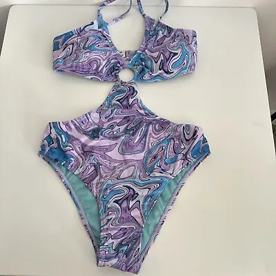 New Primark Ladies Purple Marble Padded Cut Out Swimsuit Size 10 • £10