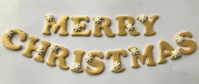 Edible Sugarpaste  Cake Topper - Merry Christmas Gold Shimmer With Snowflakes • £5.99