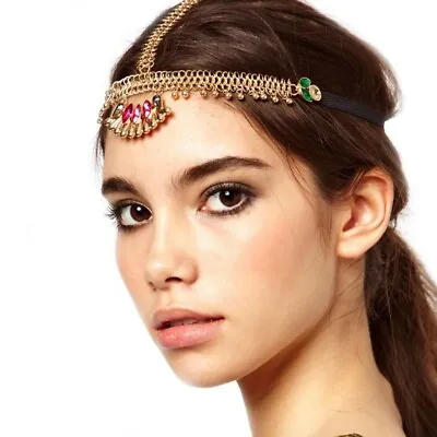 Gold Chain Pear Rhinestone Hair Cuff Arabian Indian Head Piece Jewellery • £5.99
