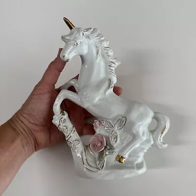 Vintage Mystical Unicorn Figurine Ceramic White W/gold Accents And Pink Roses • $15