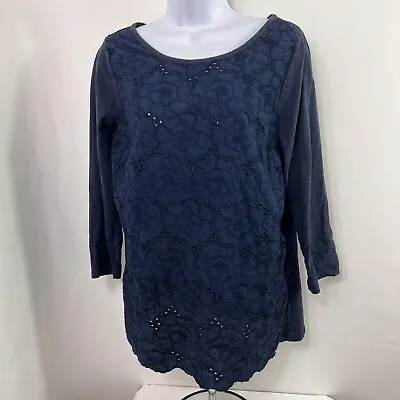 J. Jill T Shirt Medium Navy Blue 3/4 Sleeve Round Neck Tee Women's Lace Sheer • $12.50