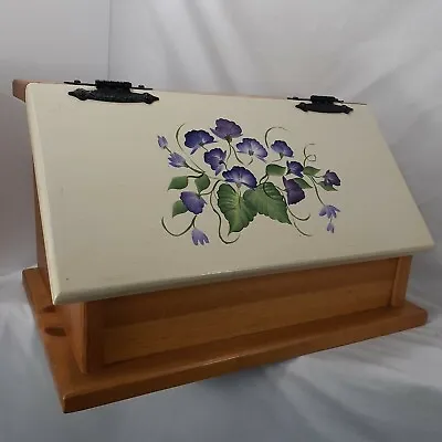 Wooden Bread Box With Hand Painted Pansy Flowers On Hinged Cover 16.25x16.5  MCM • $35.24