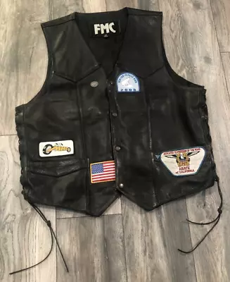 Vintage FMC Button Up Motorcycle Leather Vest  W/ Patches Men’s 48 Black • $13.99
