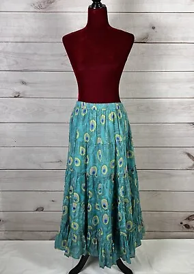 Soft Surroundings Green A-Line Peacock Skirt Elastic Waist Metallic Women’s Sz L • $29.99