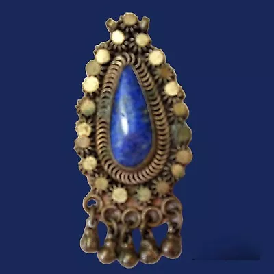 Vintage Lapis Lazuli Pendant Exotic Design Silver Tone Blue Stone Jingle Charms • $40