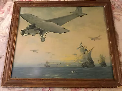 Vintage Flying Tri-Motor Airplane Over Sea Ships Original Litho Print W/Frame • $89.95