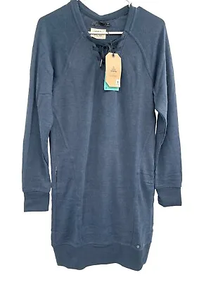 $49.99 • Buy Prana Cozy Up Terry Dress Nautical Blue Long Sleeve Lace Up Relaxed Hemp XS