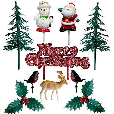 £4.45 • Buy 10pc Christmas Cake Topper Set Santa Snowman Reindeer Holly Yule Log Decoration