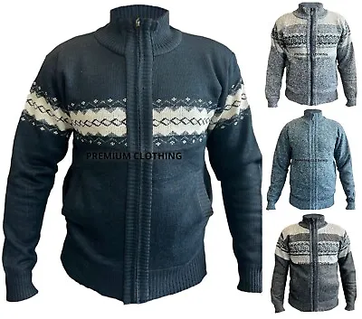 EX Store Fleece LINED Mens THICK Cardigan Funnel Collar Zip Up Knitted Jumper  • £14.99