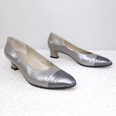 SALVATORE FERRAGAMO Cap Toe Pumps Sz US 9 B Metallic Silver Gray Leather Heels • $89.99