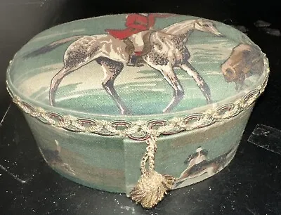 Vintage Oval Cloth Covered Trinket/Dresser Box With Beautiful Fox Hunt Fabric • $15