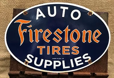 Vintage 1953 Dated Firestone Tires  Auto Supplies 16.5” Porcelain Sign • $20.50