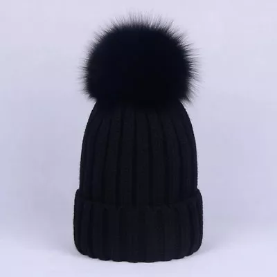 With Real 13cm 5   Fox Fur Ball Knitted Beanie Ski Cap Winter Warm Hat • $12.99