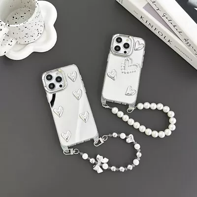 Simple Mirror 3D Pearl Love Heart W/Lanyard Phone Case For IPhone 15 Pro Max 12 • $9.09