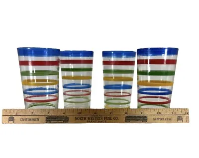 Lot (4) Vintage Mid Century Modern Hand Painted / Striped Glasses / Tumblers • $49.99