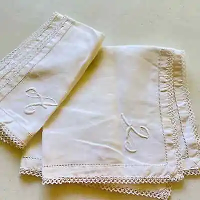 Vintage Linen Napkins Pair White Embroidered Monogram A Boho Cottage Core 16x16 • $4.99