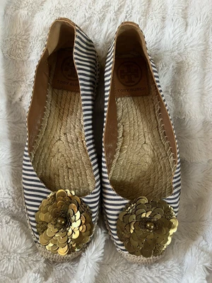 $40 • Buy Tory Burch Blue White Stripe Gold Sequin Flower Espadrille Flats Size 5
