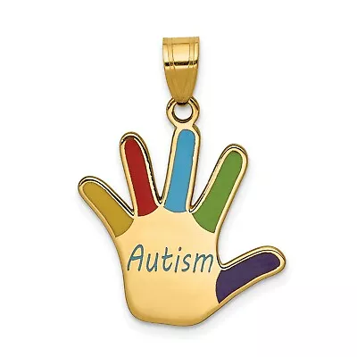 14k Yellow Gold Multi Color Autism Word On Hand Print Charm Pendant • £351.46