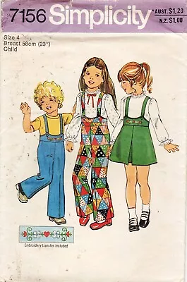 Simplicity 7156 Vtg 1976  Girls' Pinafore Dress Overalls Sewing Pattern Sz 4 • $6.60