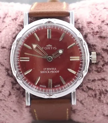 Vintage FORTIS Men Hand Winding 17 J Red Dial Leather Band Swiss Made Watch • $24.99