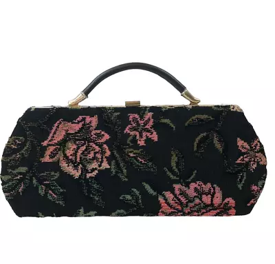 Vintage Clutch Handbag W/Handle Black/multi Floral Tapestry 13 X6  Pre-Owned • $15.95