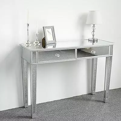 2-Drawers Glass Dressing Table Mirrored Bedroom Make-Up Console Vanity Table • £123.99