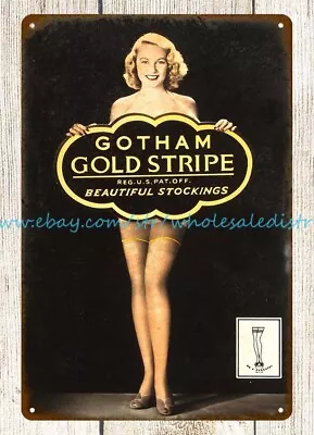 1920s 1930s HOSIERY Gotham Gold Stripe Metal Tin Sign Cottage Home Decor • $18.97