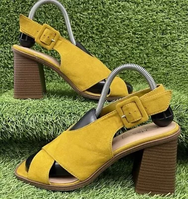 M&S~INSOLIA ~Block Heel Sandals~Suede~UK 6.5 ~ Mustard ~Cross Front ~ Ex. Cond. • £11.50