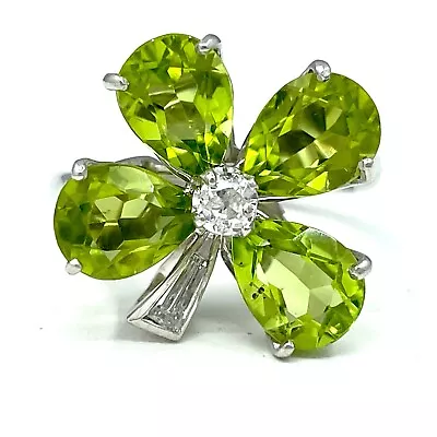 Estate Handmade Platinum 4 Leaf Clover Peridot & Old Mine Cut Diamond Ring • $1350