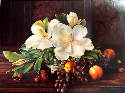 Magnolia Flower Picture Peaches Grapes Cherries Mk Krell Stretched Canvas  24x18 • $98