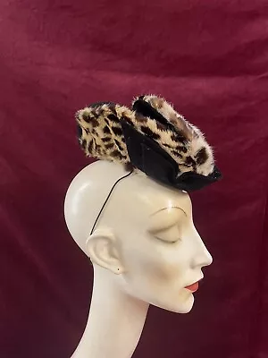 Vintage 30s 40s Tilt Leopard Hat Fascinator Black Felt  Bow Wedding Beret Style • $520