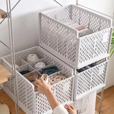 Stackable Clothes Storage Basket Collapsible Wardrobe Organizer Drawer Basket • £9.95