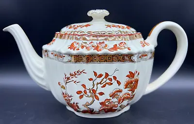 Spode Indian Tree Orange Rust Scalloped 4-Cup Teapot Curved Spout Red Trim • $149.95