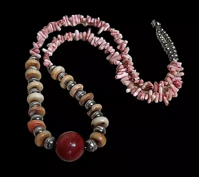 Sterling NAVAJO PEARL Coral Spiny Oyster 925 Bench Beads Necklace VTG 28” Long! • $85