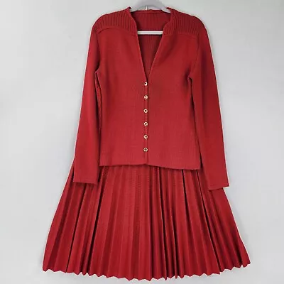 St John Sweater Womens 12 Faded Red 2 PC Vintage Cardigan Pleated A Line Skirt • $118.92