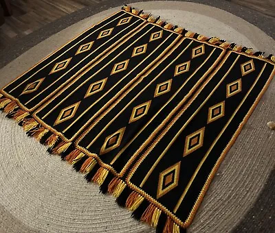 VINTAGE HANDMADE Navajo Indian Diamond AFGHAN CROCHET BLANKET 61 X 61”. • $60.99