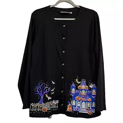 Quacker Factory Black Cardigan Top Halloween Pumpkin Embroidery Studded Large • $28