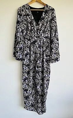 Ginger & Orange Dress Size 12 Maxi Purple Black Floral Long Sleeve Bell Cuffs • $30