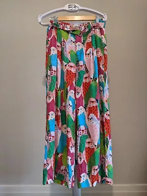 Monika Forsberg + Gorman Aviary Budgies Birds Parrots Wide Leg Pants Size 8 10  • $135