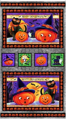 $8.50 • Buy Retro Vintage Halloween Tricks & Treats Pumpkin Cats Cotton Fabric Panel 24 X44 