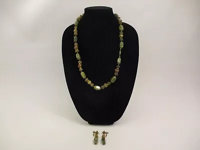 Vintage Miriam Haskell 29  Necklace Earring Set Green Brown Stone Gold Filigree • $199.99