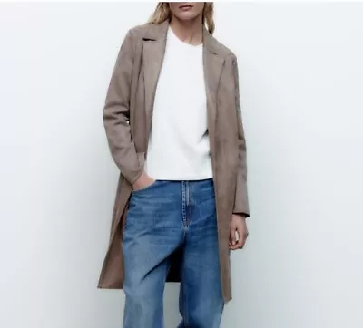 $18 • Buy ZARA Coat Fall Faux Suede Open Front Long Light Size Large Green/Brown 