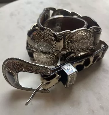 VTG 1998 Nadim Silver Concho Belt Floral Etched Leather Cow Hide SMALL • $19.95