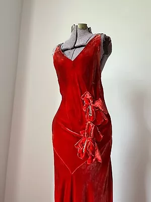 1930’s SILK VELVET RED GOWN Bias Cut Rhinestones • $375