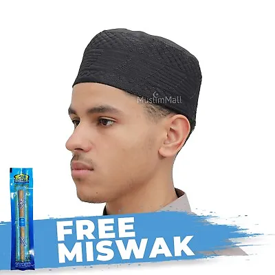 Black MUSLIM KUFI HAT 3-inch Tall Madinah Embroidered Tupi Topi Islamic Cap • $11.49