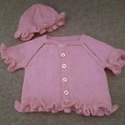 Hand Knitted Baby Girl Short Sleeve Cardigan & Matching Hat Age 6 - 12 Months • £3