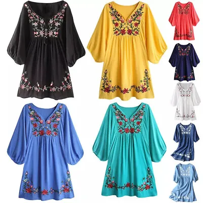 NEW Embroidered Hippie Blouse Mexican Peasant Ethnic Gypsy Boho Mini Dress Hot • £22.79