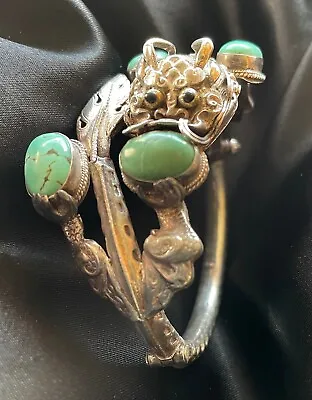 Unusual Vintage Tibetan Silver & Turquoise Hinged Dragon Bracelet • $190