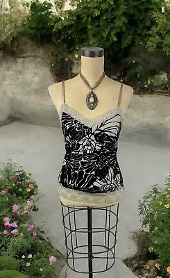 Velvet Flower Beaded Tank Top Camisole Sheer Fairy Goth Coquette Lace Silk Small • $28