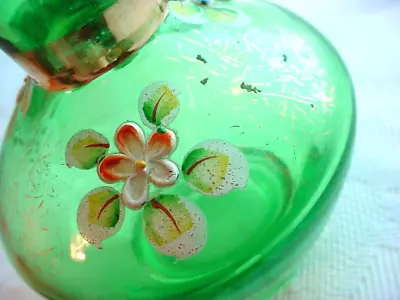 Green Bohemian Glass Vase Raised Floral Design Vintage • $9.96